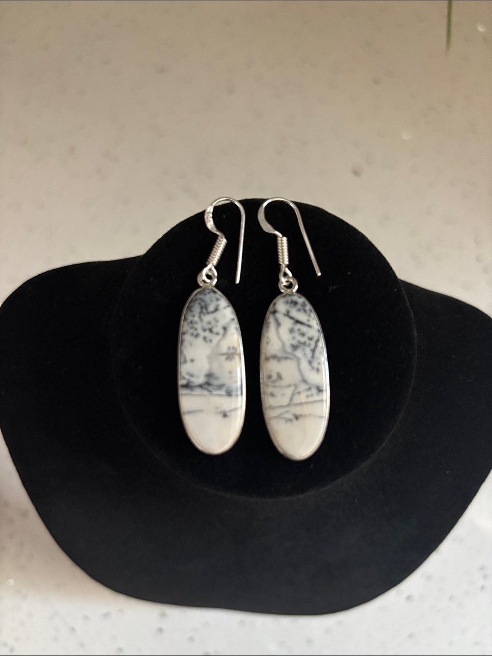 Sterling Dendrite Opal Gemstone Dangle Drop Earrings